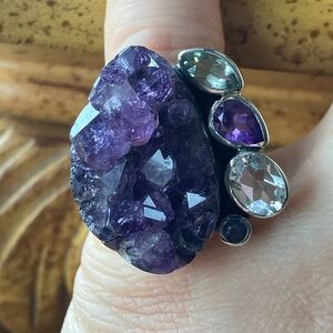 Amethyst Geode Sterling Silver Cocktail Ring Size 5